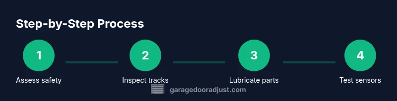 Illustration of a step-by-step process to diagnose and repair an action overhead door