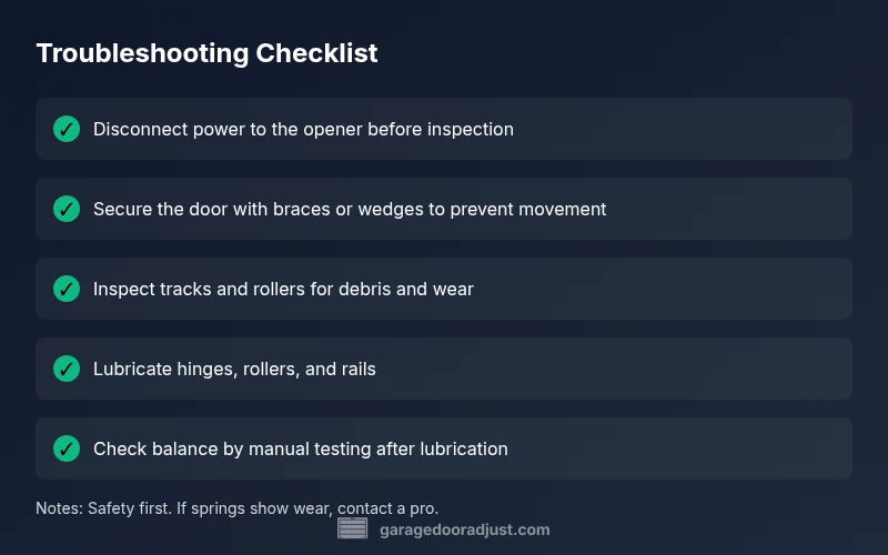 Checklist infographic for diagnosing a heavy garage door