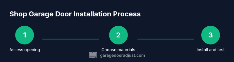 Tailwind-styled infographic showing steps for installing a shop garage door