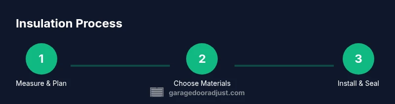 Process infographic showing measuring, selecting insulation, and installing garage door insulation