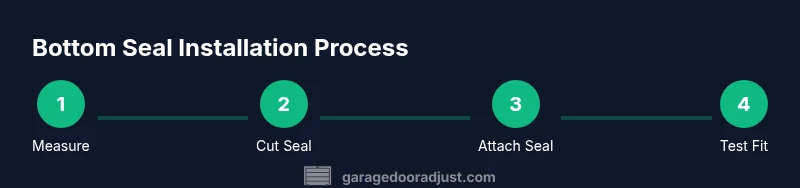 Process infographic showing measuring, cutting, attaching a garage door bottom seal