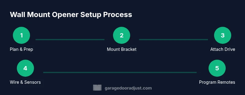 Diagram of a Genie wall mount garage door opener installation process showing plan, mount, drive, wire, and test steps
