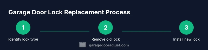 Process infographic showing three steps for garage door lock replacement