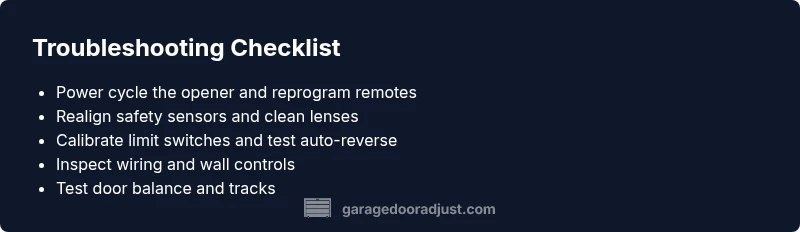 Checklist infographic for diagnosing a garage door that keeps opening