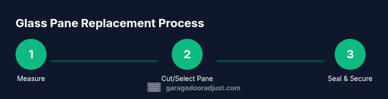 Process diagram showing steps to replace garage door window glass pane