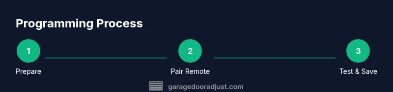 Process diagram showing prepare, pair, and test steps for programming a garage door opener