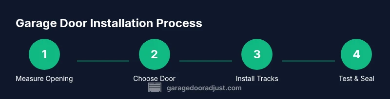 Process diagram showing measurement, door selection, track installation, and testing for a metal building garage door