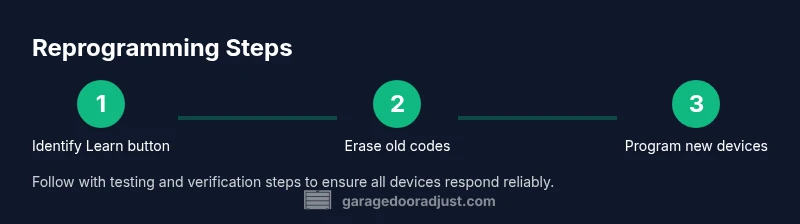 Infographic showing three-step process for reprogramming a garage door opener
