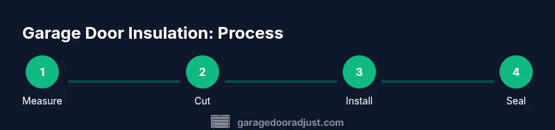 Process infographic showing measuring, cutting, installing, sealing insulation for a garage door
