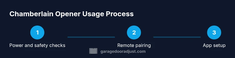 Process diagram showing steps: power/safety checks, remote pairing, app setup